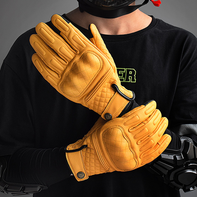 Motorcycle Gear Full Set - レトロレザーオートバイグローブフルフィンガーイエローバイクレーシンググローブタッチスクリーングアンテモト保護具