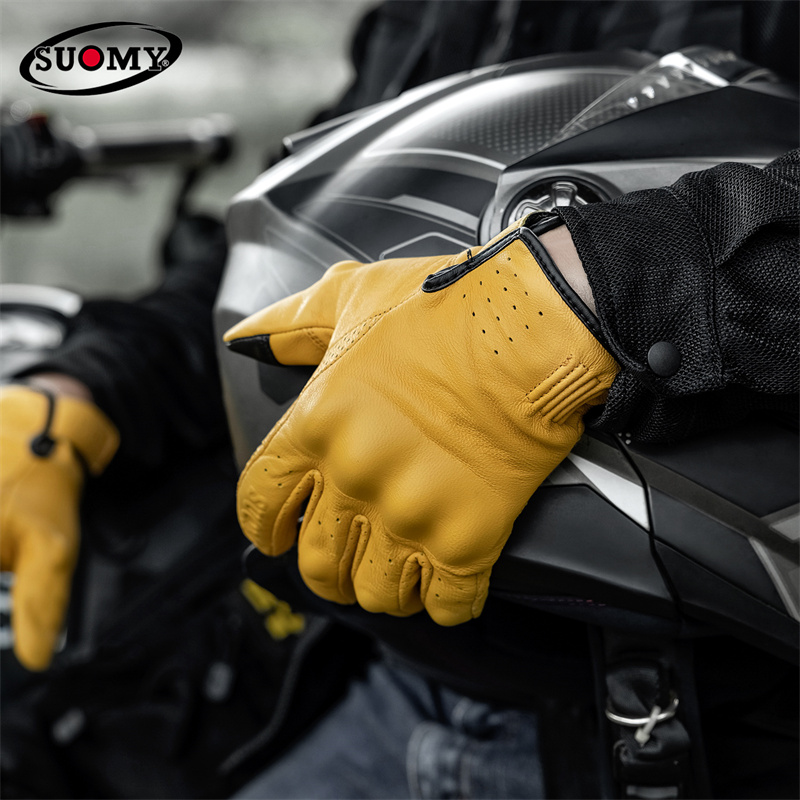 非穴あき黄色レトロレザーオートバイグローブ男性女性バイクレー - Motorcycle Gear Yellow のレビューと価格