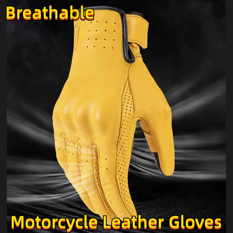 非穴あき黄色レトロレザーオートバイグローブ男性女性バイクレー - Motorcycle Gear Yellow のレビューと価格