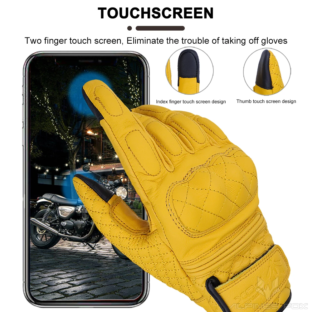 レトロオートバイ手袋本革フルフィンガー黒黄色男性女性保護具バ - Motorcycle Gear Yellow のレビューと価格